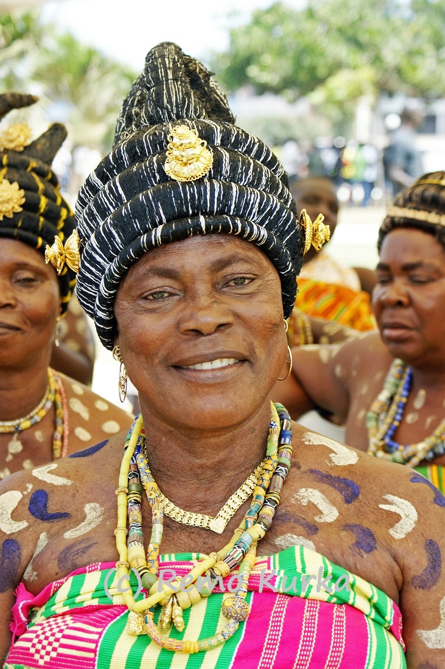 Volta region, Ghana, Queen mother, Ewe tribe, colourful Kente and Hut by Remo Kurka